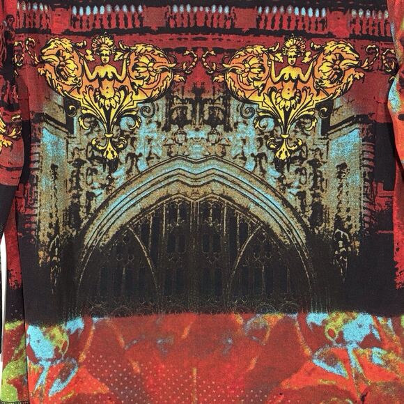 Calessa Graphic Art Print Tunic Red Black Size 1X Asymmetric Lace Hem Lagenlook - Picture 3 of 11